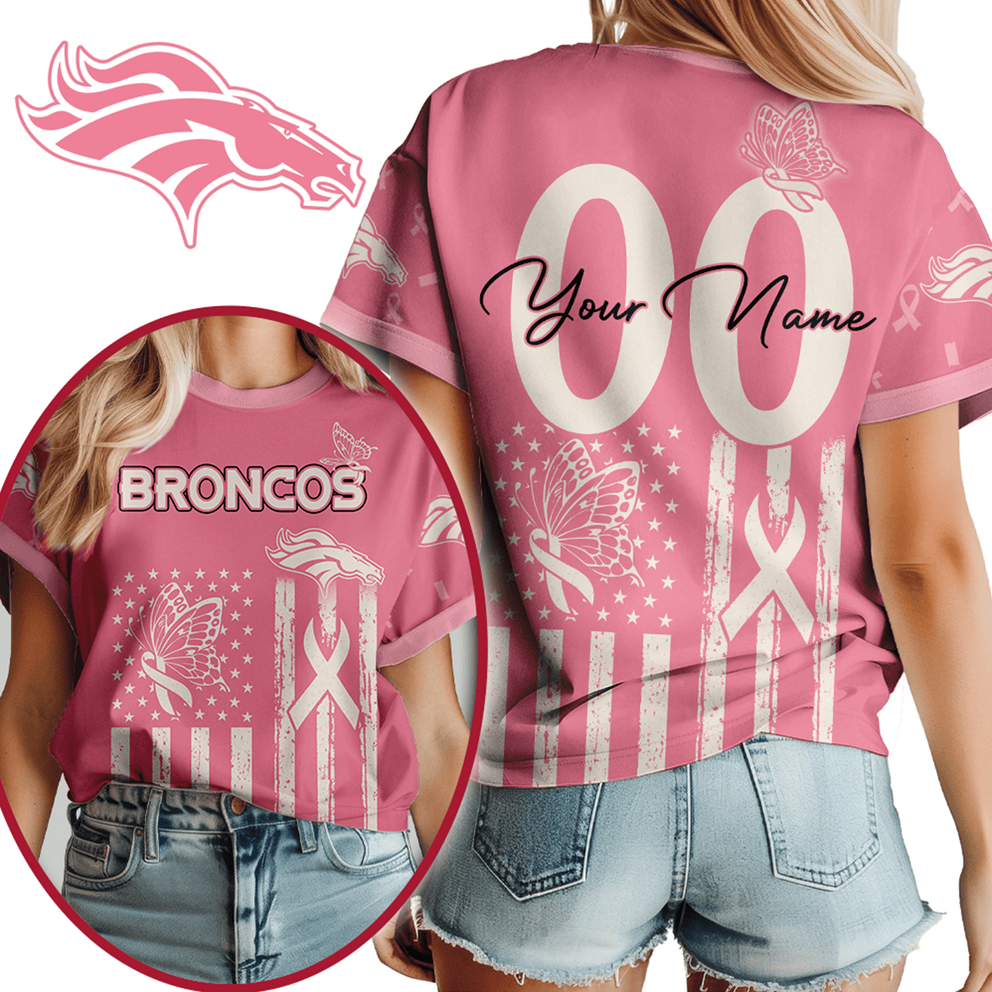 DEN x NFL Premium Butterfly Ribbon Custom 3D Shirt