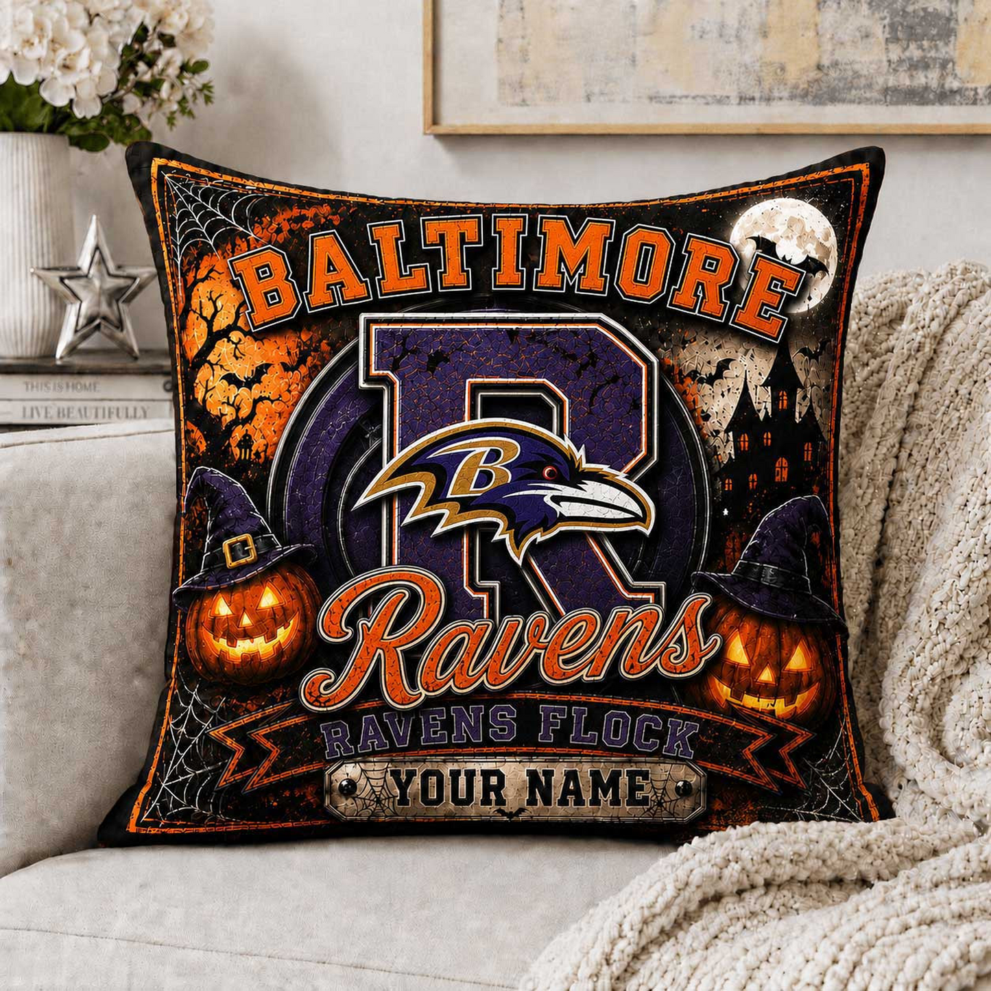 Premium NFL x BAL Spooky Season Fan Personalized Pillow