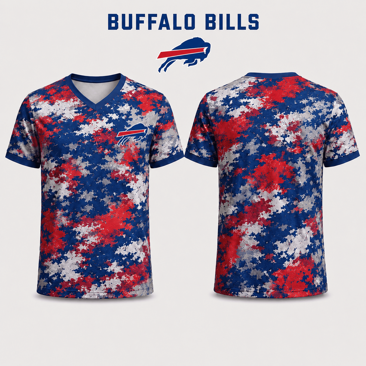 Premium NFL x BUF V-Neck Camo T-Shirt For Fans Loving Digital Camouflage