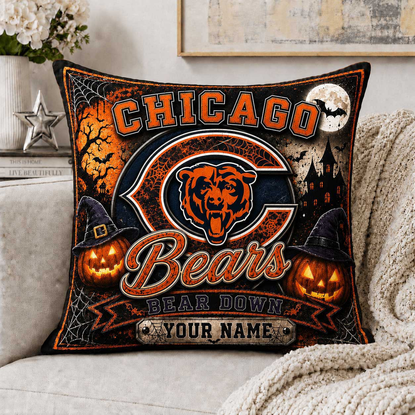 Premium NFL x CHI Spooky Season Fan Personalized Pillow