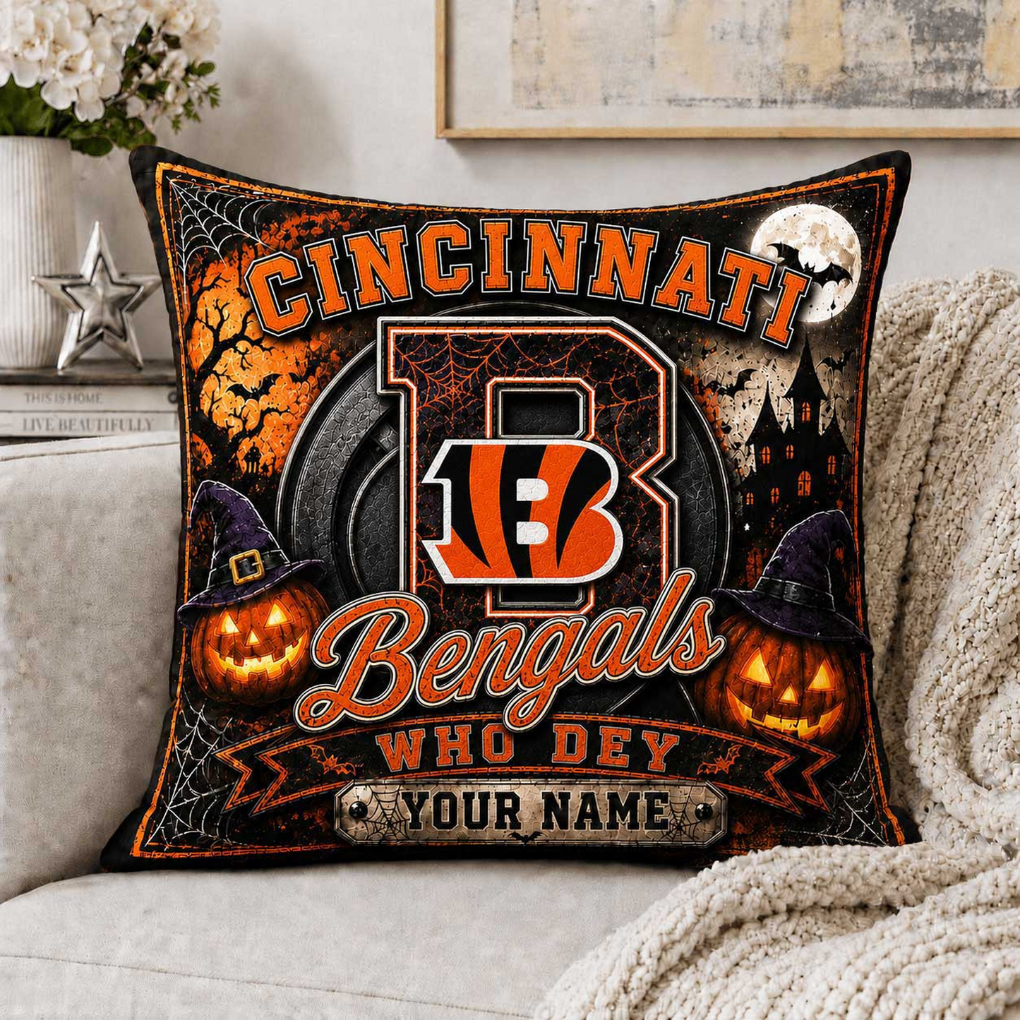 Premium NFL x CIN Spooky Season Fan Personalized Pillow