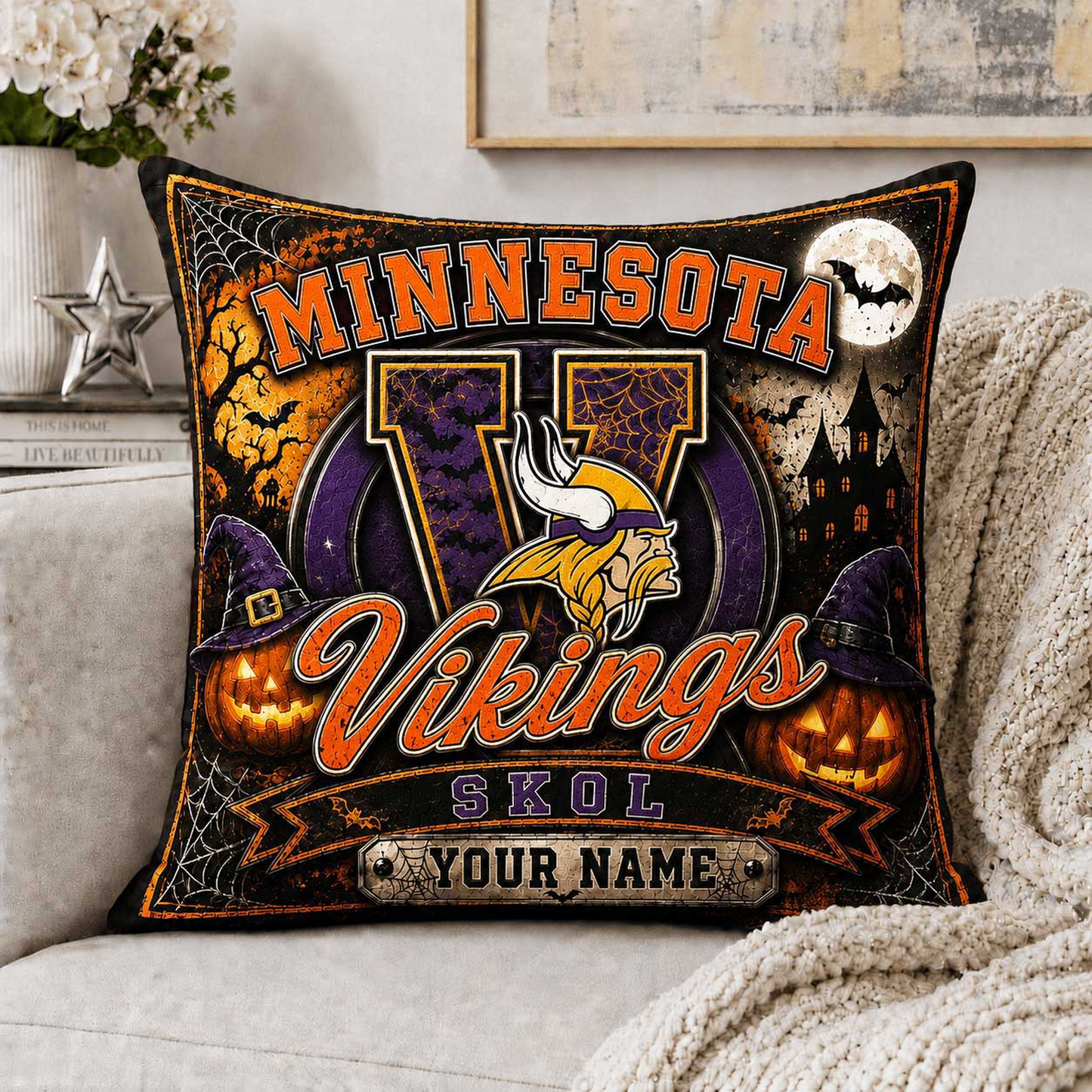 Premium NFL x MIN Spooky Season Fan Personalized Pillow