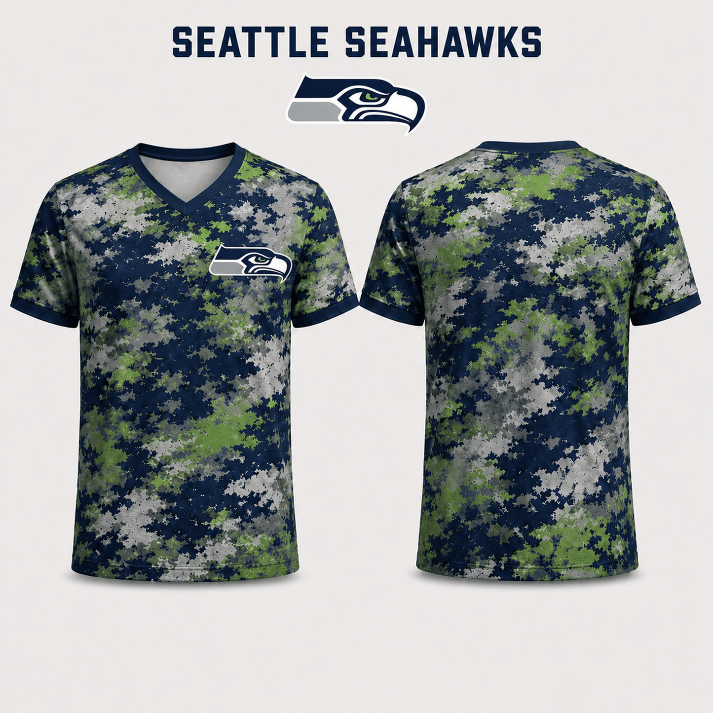 Premium NFL x SEA V-Neck Camo T-Shirt For Fans Loving Digital Camouflage