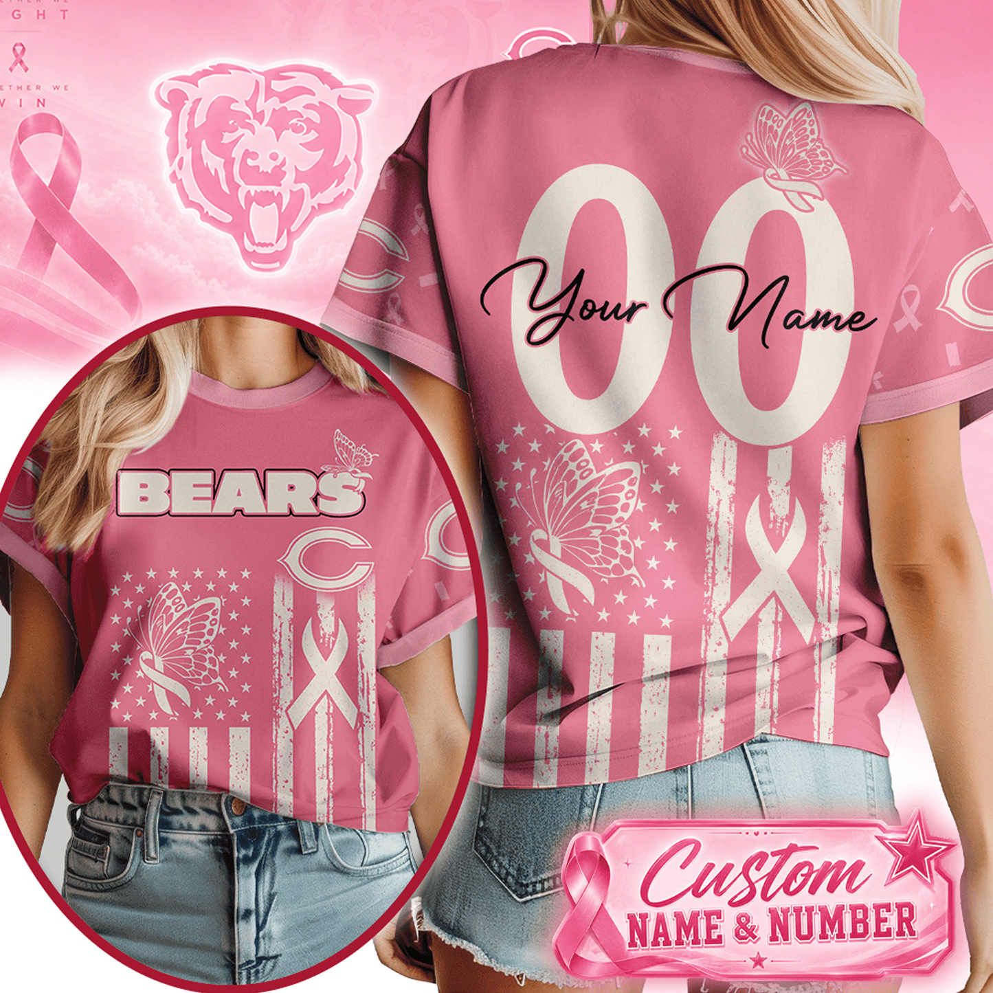 CHI x NFL Premium Butterfly Ribbon Custom 3D Shirt