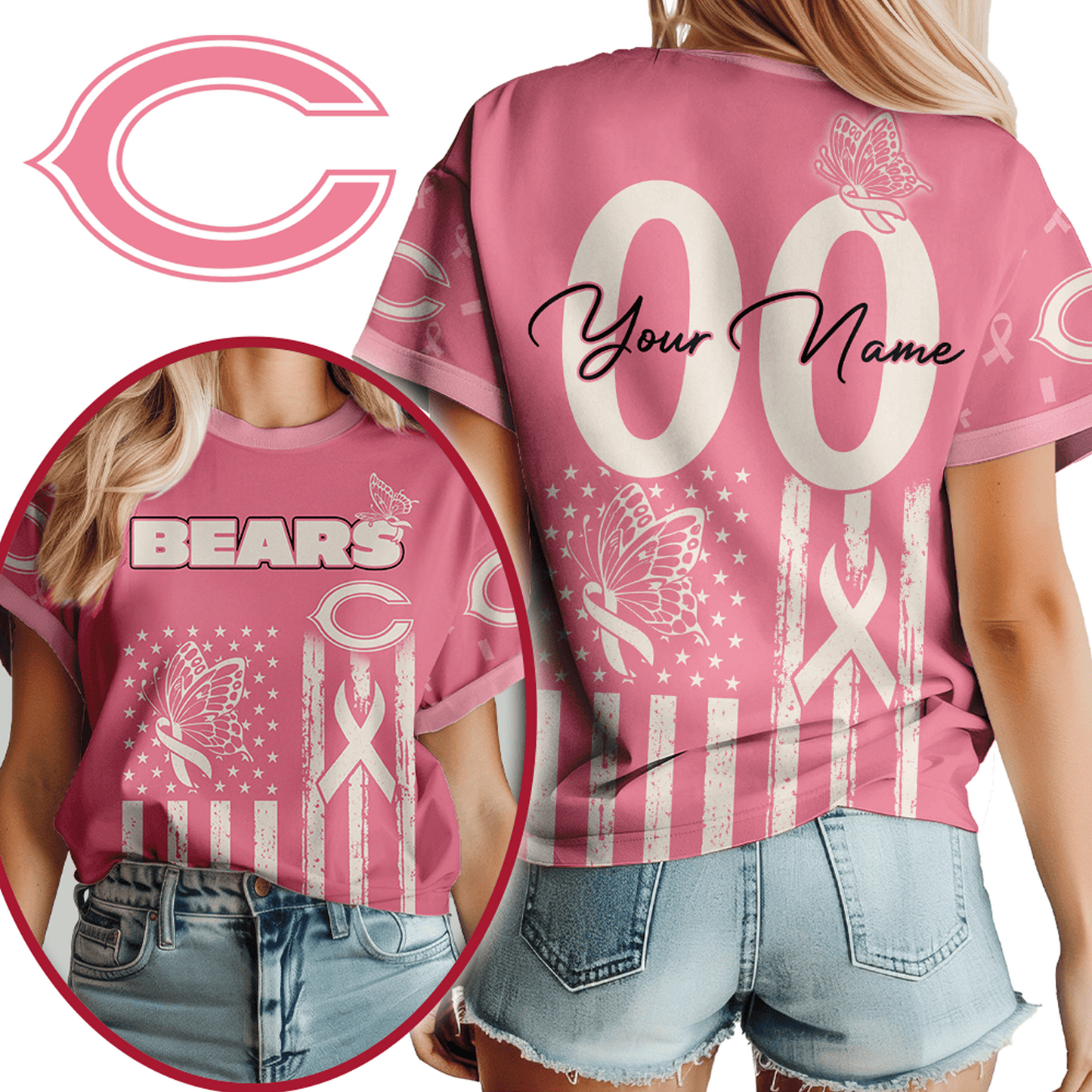 CHI x NFL Premium Butterfly Ribbon Custom 3D Shirt