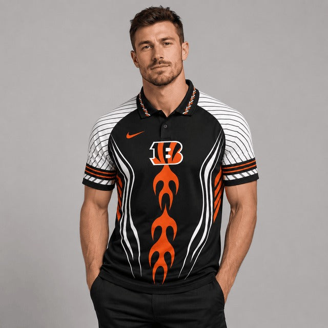CIN Premium NFL Flame Stripe Athletic Polo Shirt