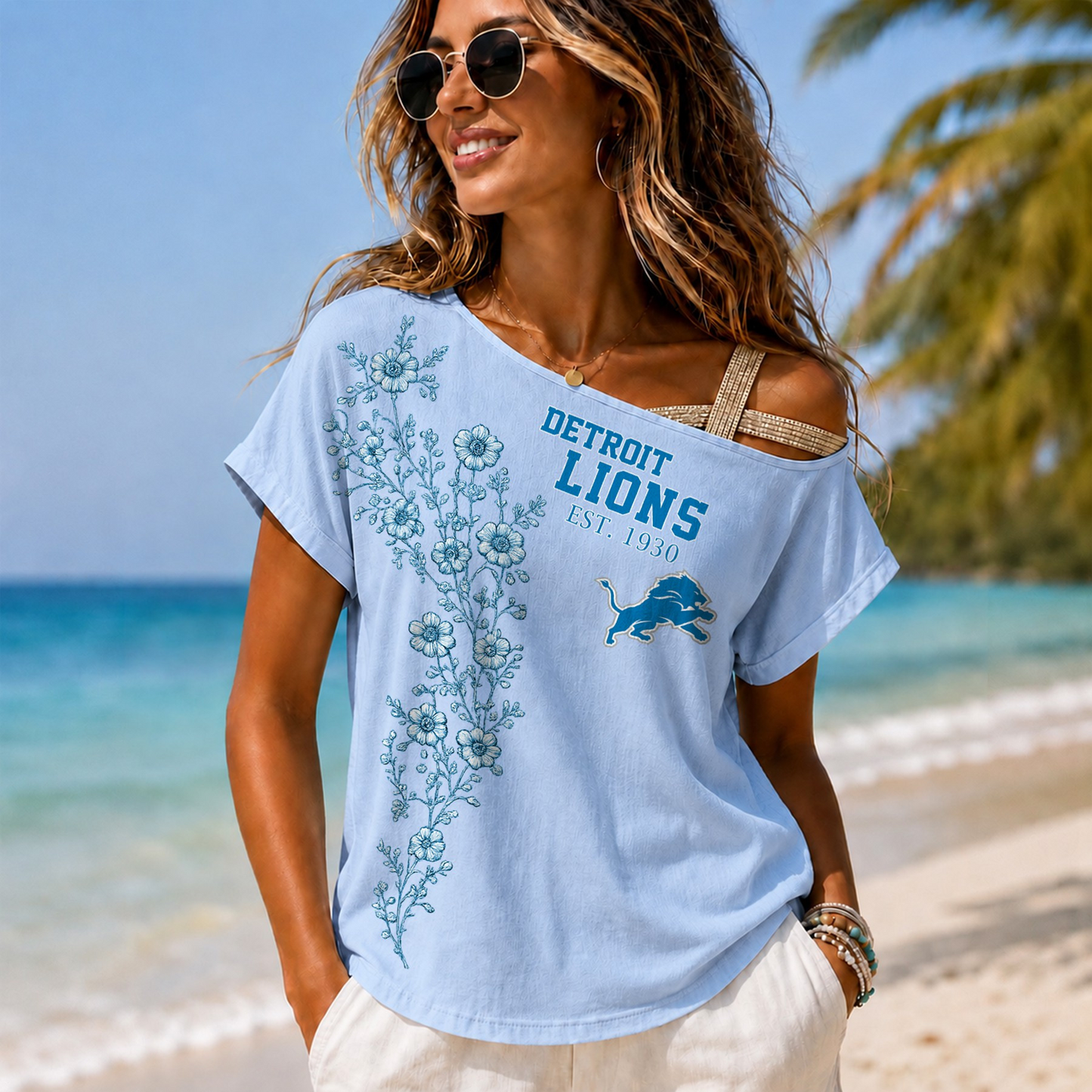DET x NFL Slouchy Off-Shoulder T-Shirt