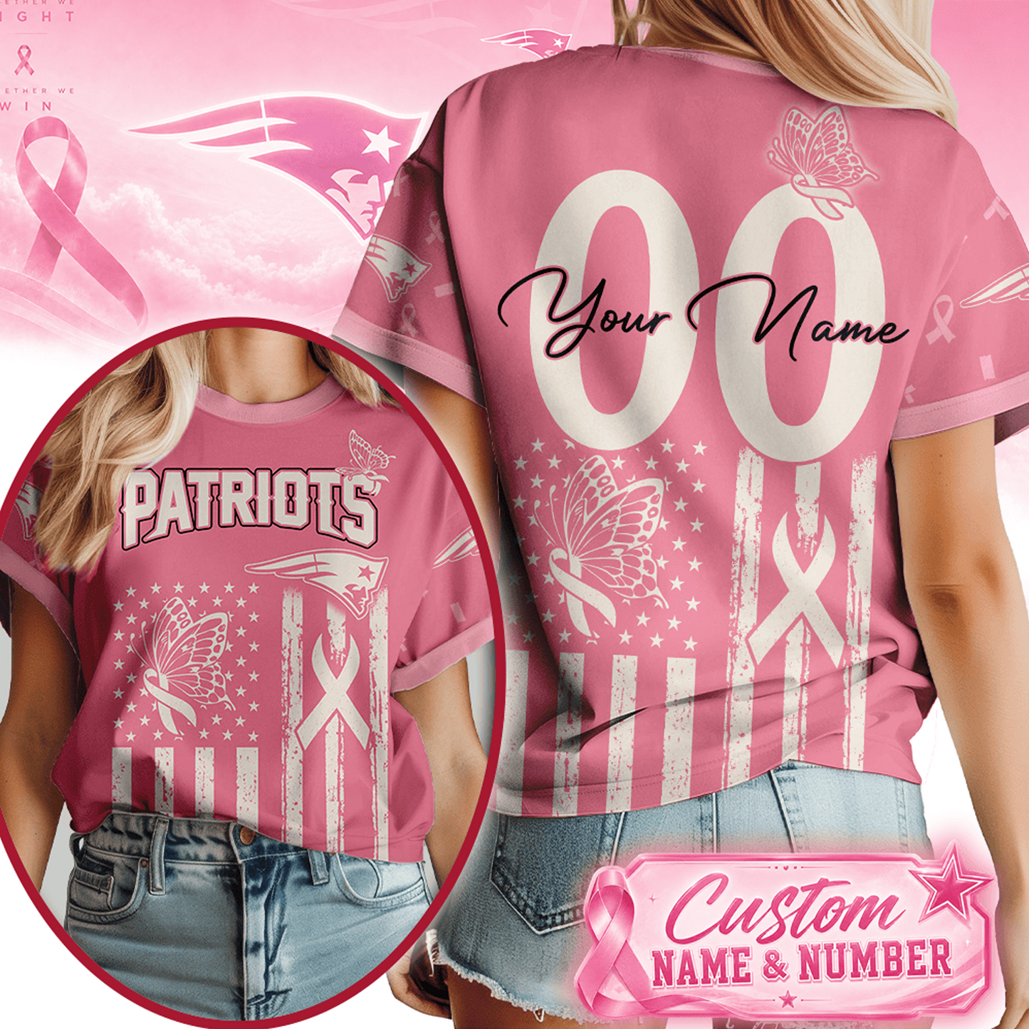 NE x NFL Premium Butterfly Ribbon Custom 3D Shirt