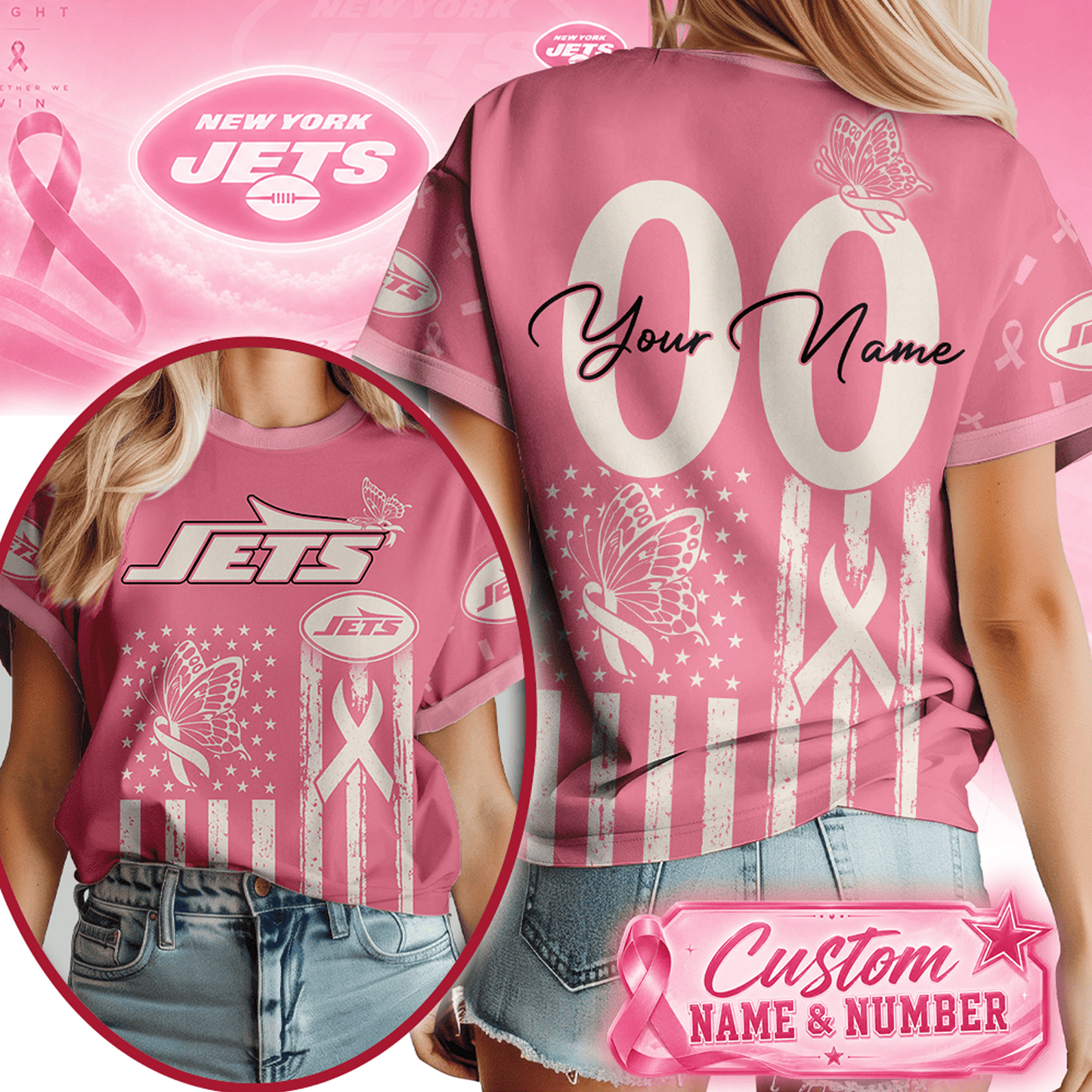 NYJ x NFL Premium Butterfly Ribbon Custom 3D Shirt