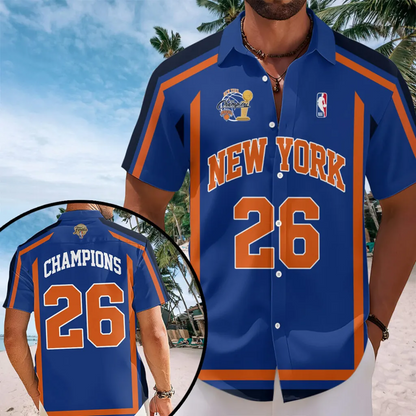 NYK x NBA Finals Champions 2026 Short Sleeve Button-Down Shirt 1606 Blue