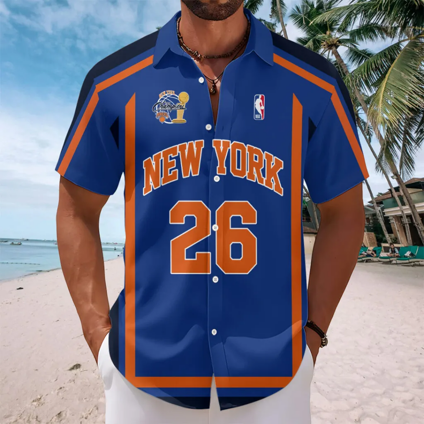 NYK x NBA Finals Champions 2026 Short Sleeve Button-Down Shirt 1606 Blue