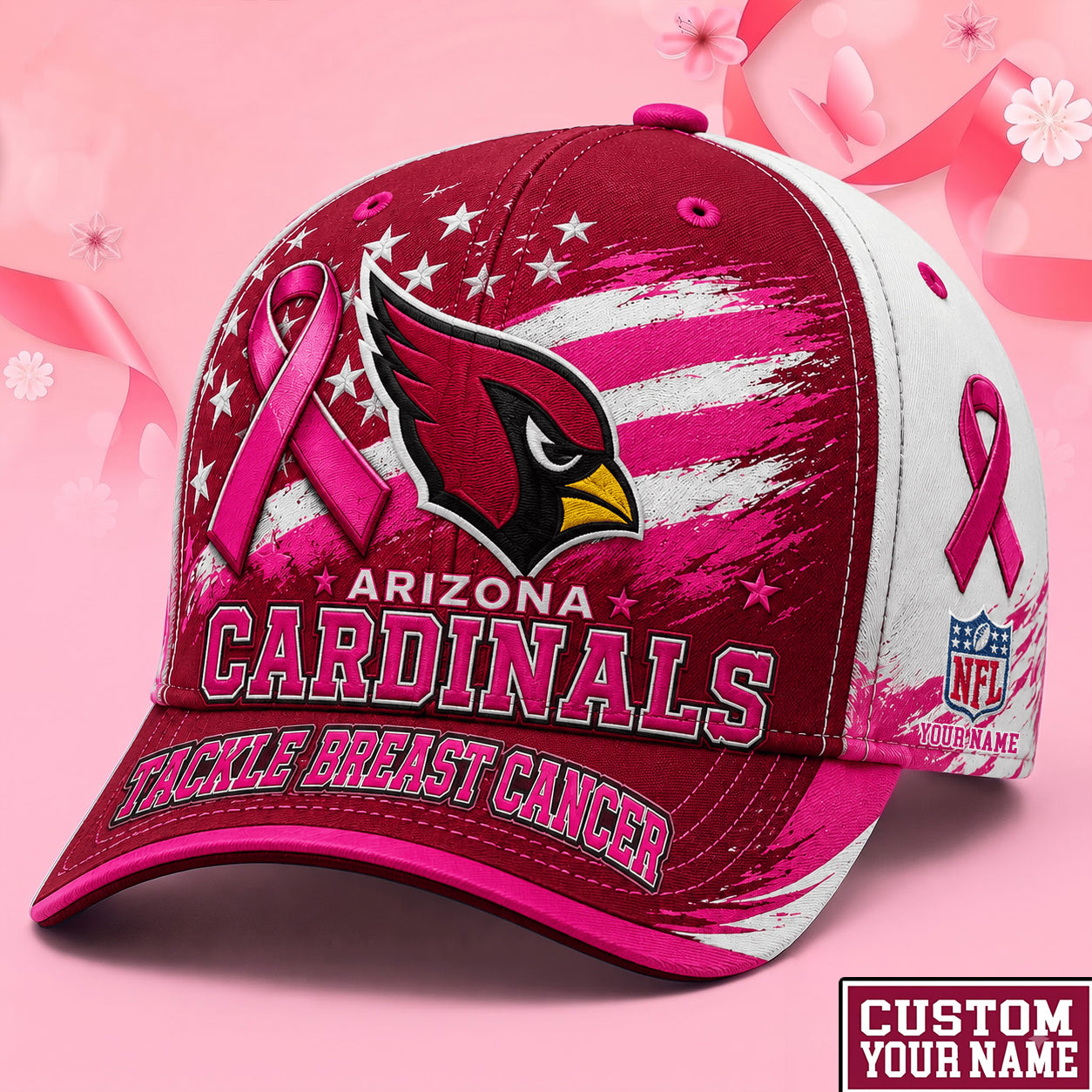 PREMIUM NFL X ARI EXCLUSIVE PERSONALIZED Pink Ribbon Breast Cancer Survior Cap