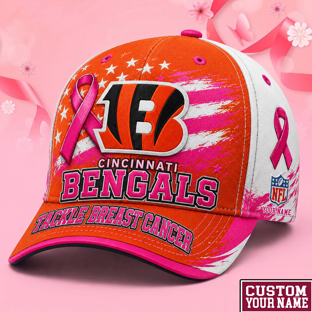 PREMIUM NFL X CIN EXCLUSIVE PERSONALIZED Pink Ribbon Breast Cancer Survior Cap