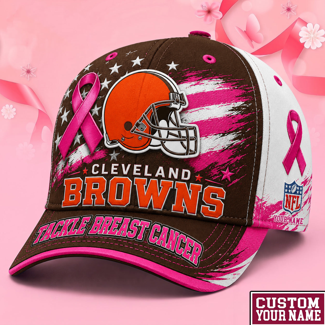 PREMIUM NFL X CLE EXCLUSIVE PERSONALIZED Pink Ribbon Breast Cancer Survior Cap