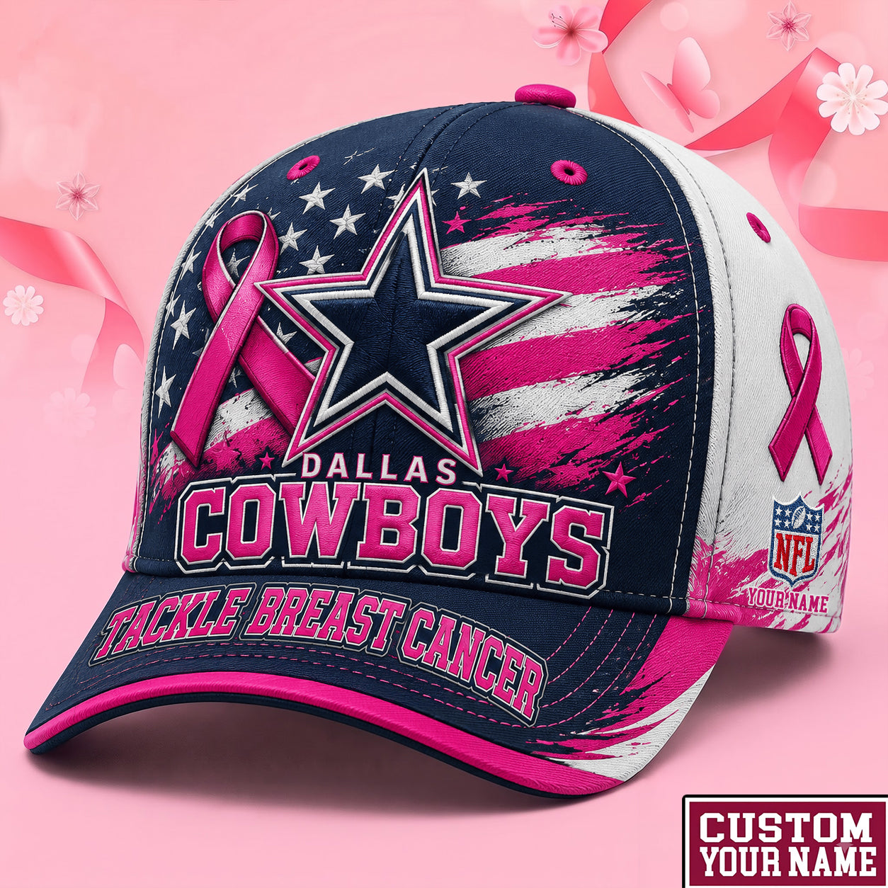 PREMIUM NFL X DAL EXCLUSIVE PERSONALIZED Pink Ribbon Breast Cancer Survior Cap