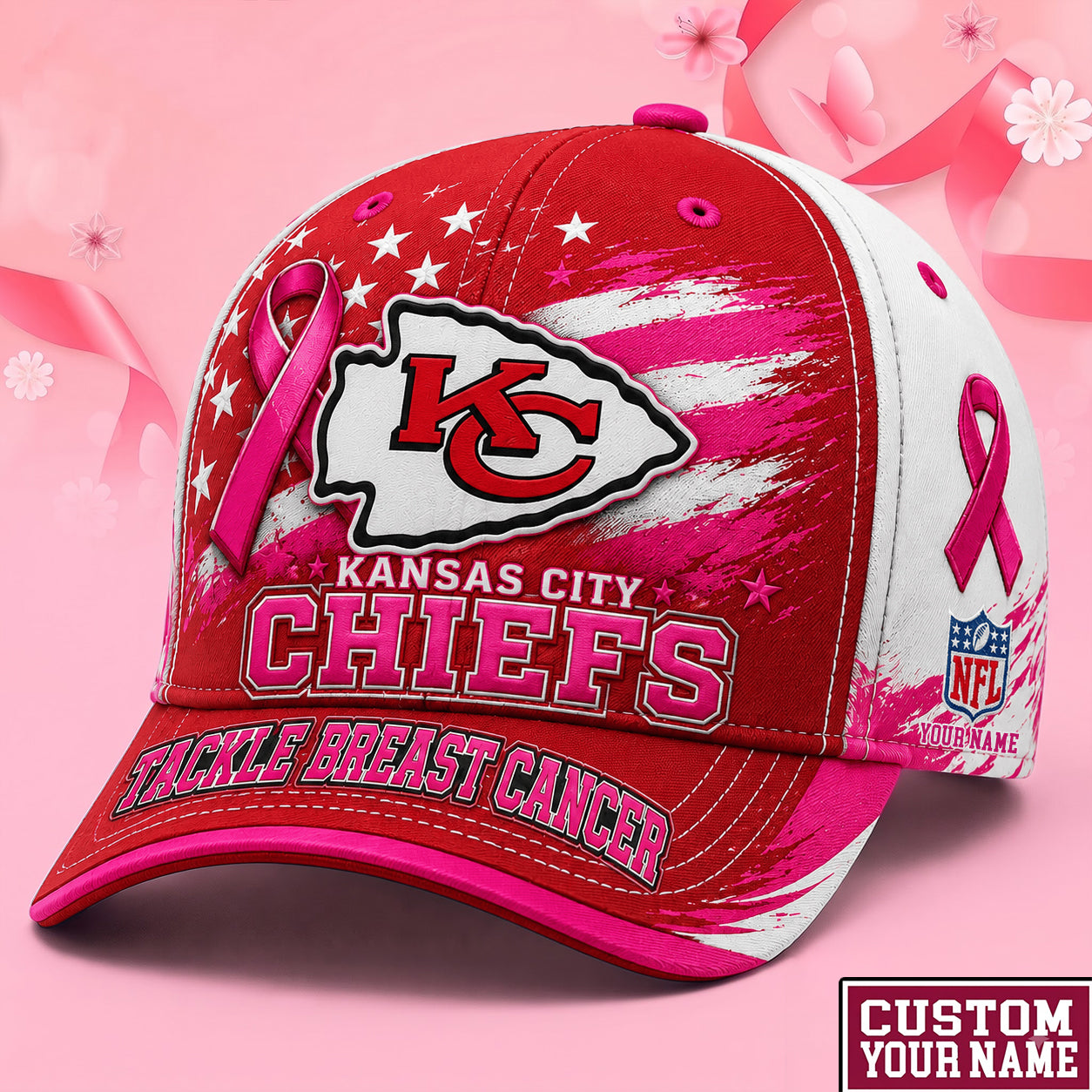 PREMIUM NFL X KC EXCLUSIVE PERSONALIZED Pink Ribbon Breast Cancer Survior Cap