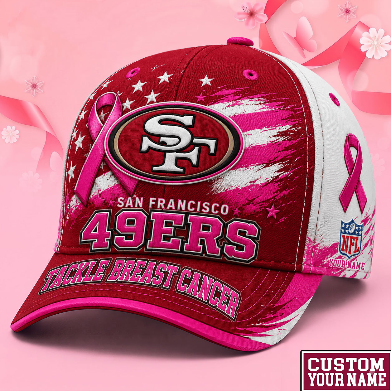 PREMIUM NFL X SF EXCLUSIVE PERSONALIZED Pink Ribbon Breast Cancer Survior Cap