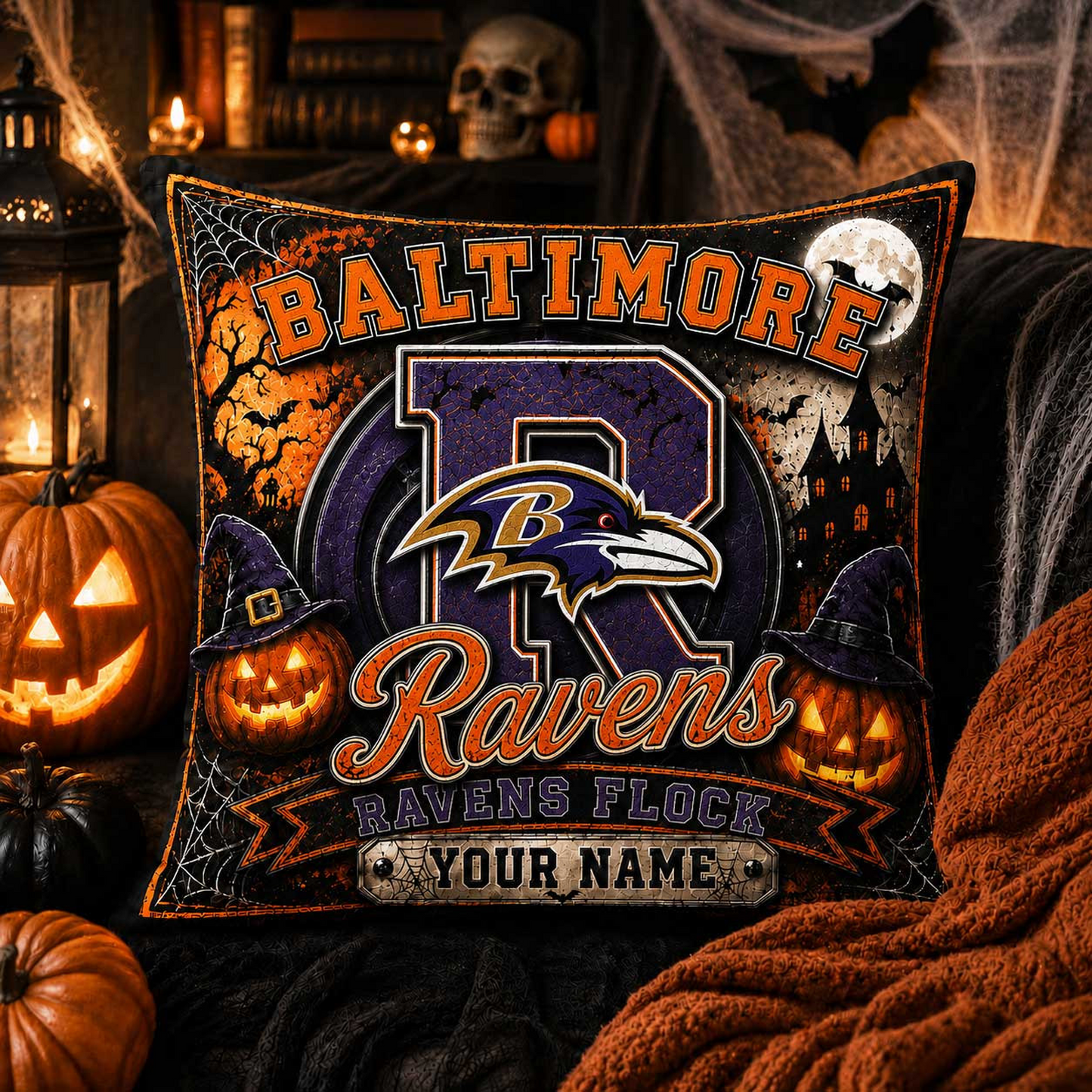 Premium NFL x BAL Spooky Season Fan Personalized Pillow