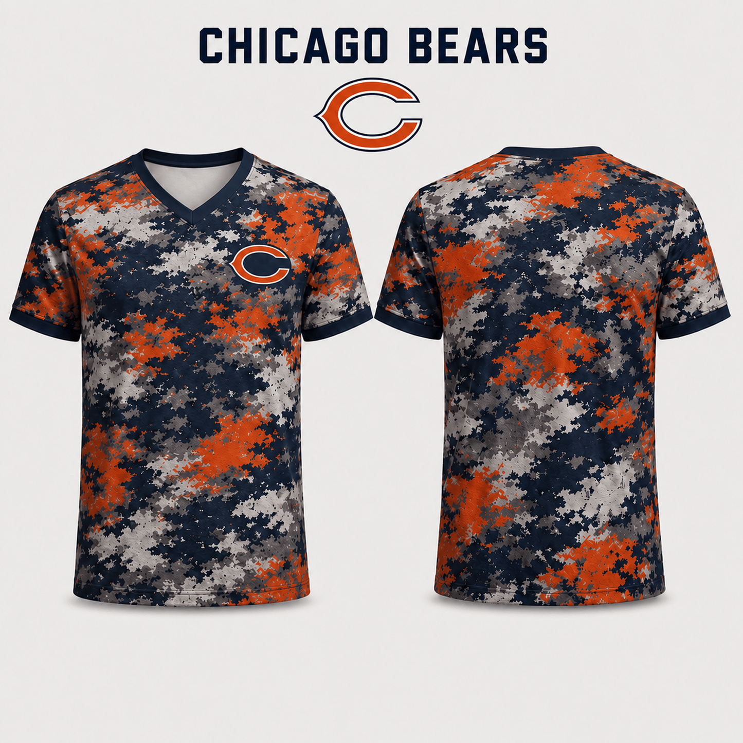 Premium NFL x CHI V-Neck Camo T-Shirt For Fans Loving Digital Camouflage