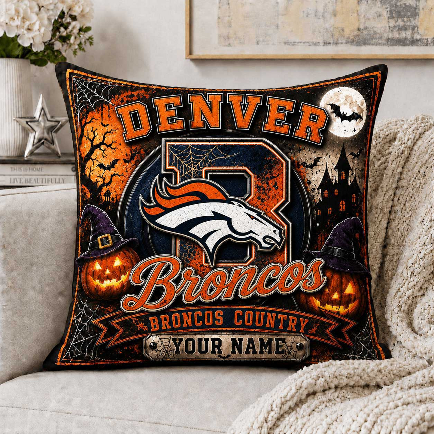 Premium NFL x DEN Spooky Season Fan Personalized Pillow