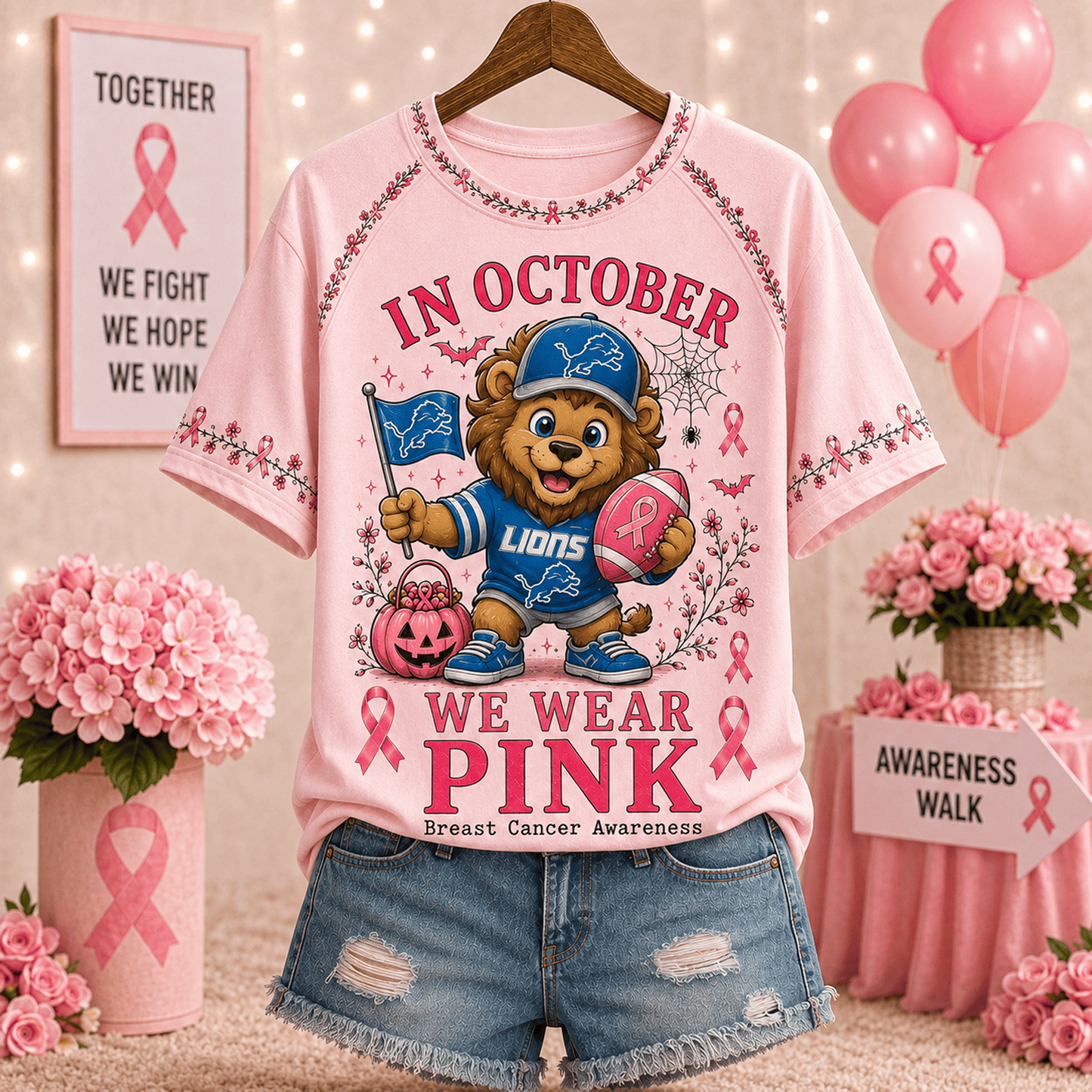 Premium NFL x DET In October We Wear Pink V-neck
