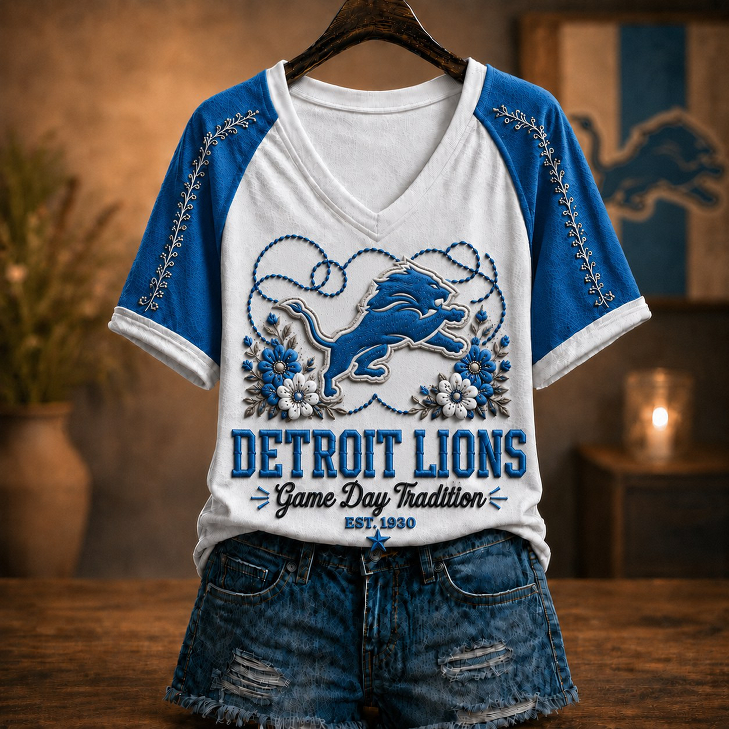 Premium NFL x DET Raglan T-Shirt V-Neck