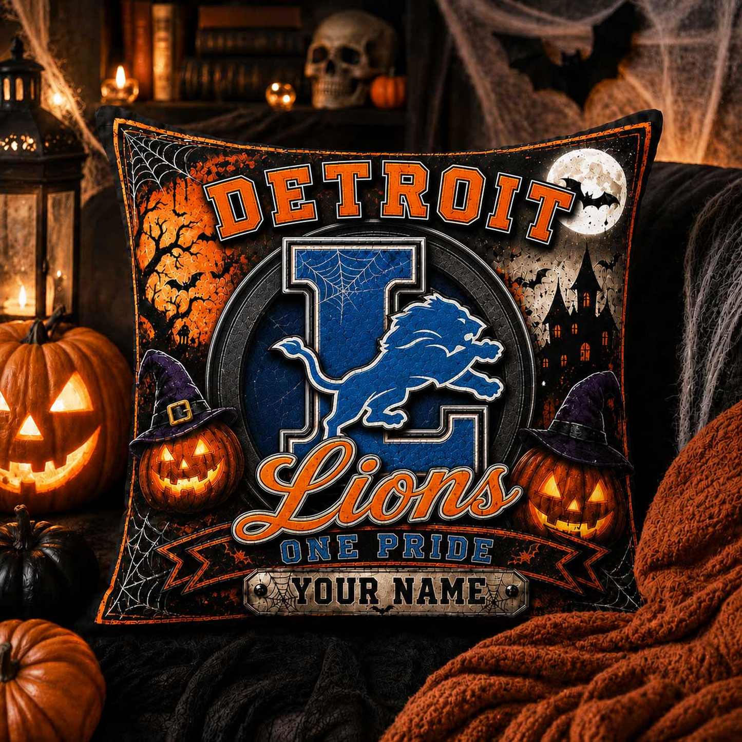 Premium NFL x DET Spooky Season Fan Personalized Pillow