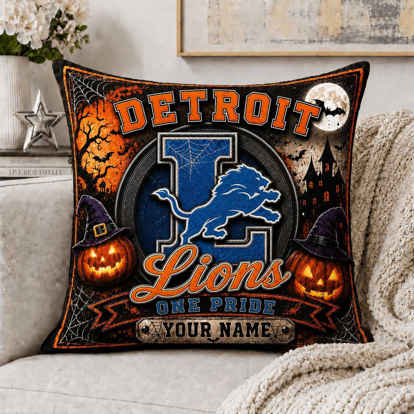 Premium NFL x DET Spooky Season Fan Personalized Pillow