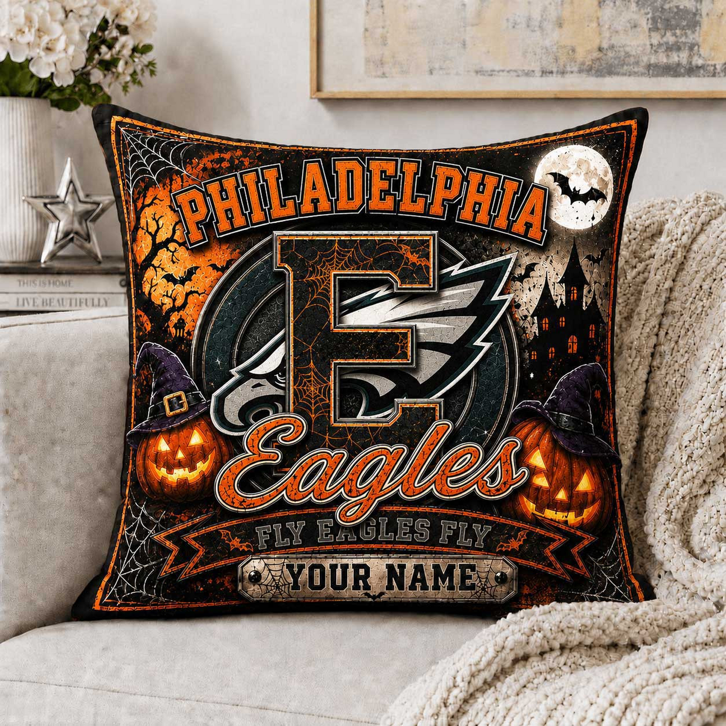 Premium NFL x PHI Spooky Season Fan Personalized Pillow