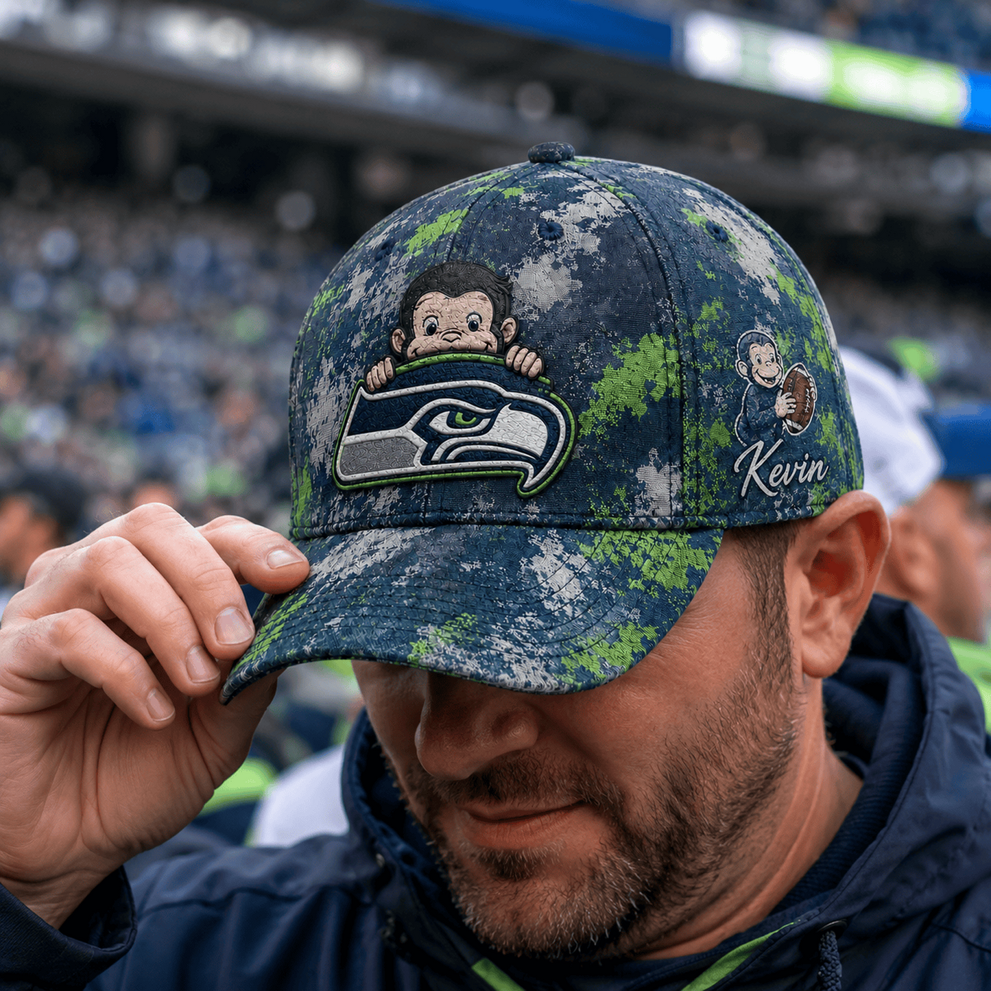 Premium NFL x SEA Curious George Custom Name Classic Cap For Passionate Game Day Fans