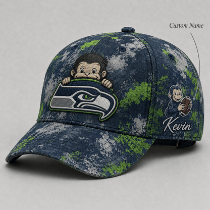 Premium NFL x SEA Curious George Custom Name Classic Cap For Passionate Game Day Fans