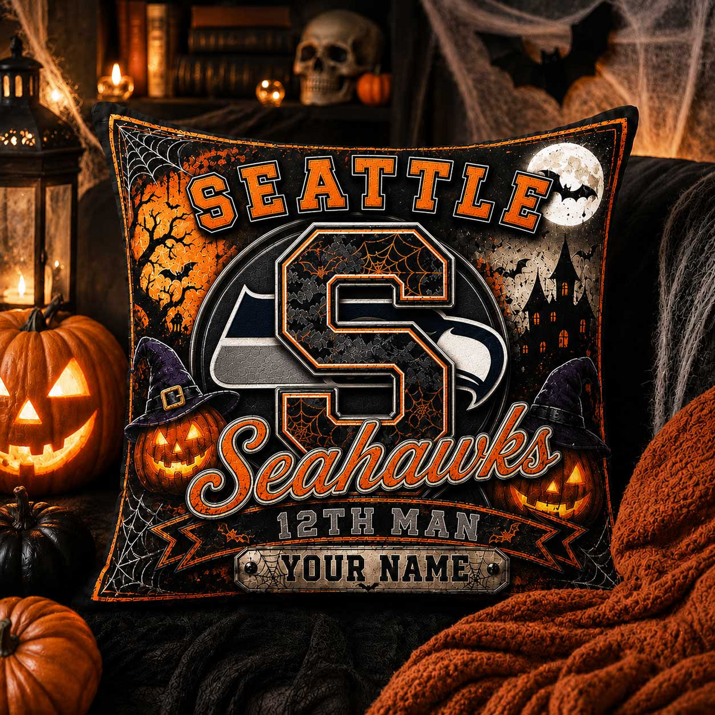 Premium NFL x SEA Spooky Season Fan Personalized Pillow