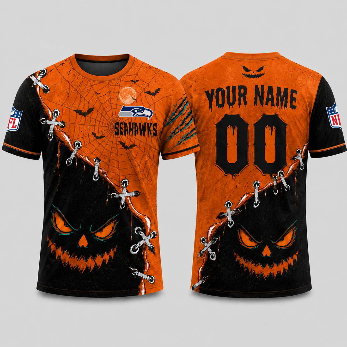 SEA x NFL Halloween Pumpkin Stitched Horror TShirt