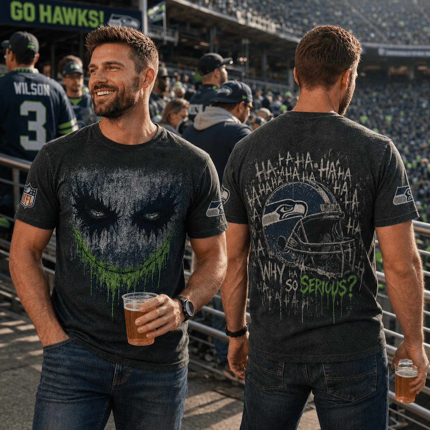 SEA x NFL Premium Joker 3D T-Shirt For Football Fans Loving Dark Aesthetic
