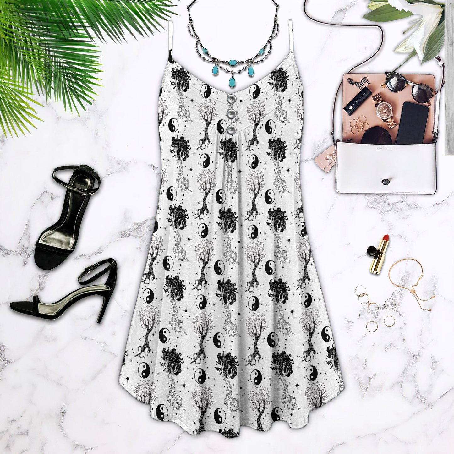 Yin Yang Spaghetti Strap Summer Dress | Sleeveless V Neck Mini Dress | Sundress